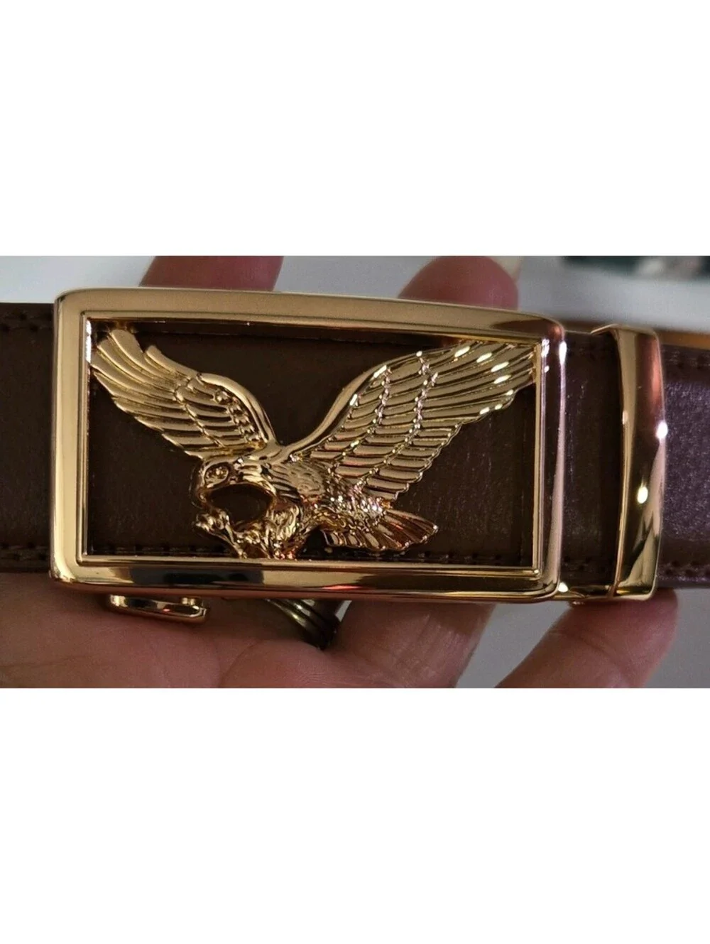Men's Brown Belt Gold-Tone Eagle Buckle Solid Ratchet Fit 1.5 in Size 44